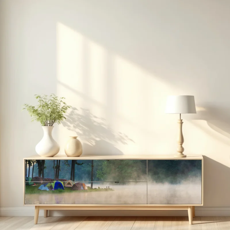 Repositionierbarer Aufkleber morgendlicher nebel am Pang Oung see, Mae Hong Son Repositionierbarer Aufkleber morgendlicher nebel am Pang Oung see, Mae Hong Son