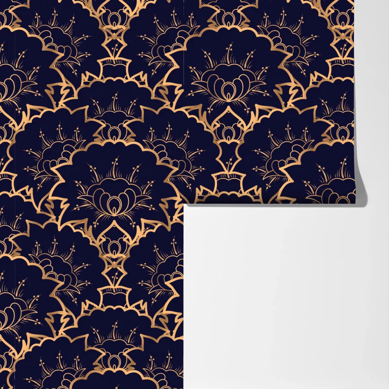 Fototapete luxuriöses goldenes blütenmuster auf marineblau Fototapete luxuriöses goldenes blütenmuster auf marineblau