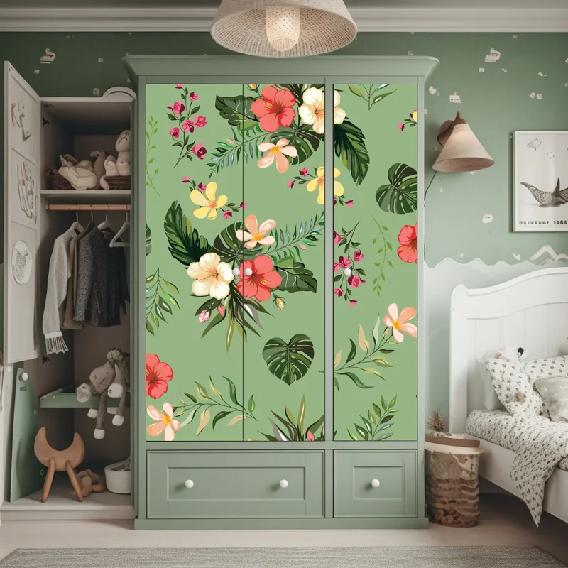 Schrankaufkleber grünes tropisches hibiskusmuster