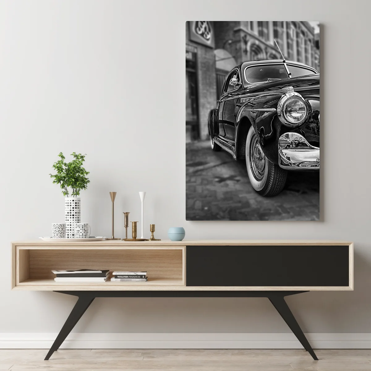 Leinwandbild vintage klassisches auto auf kopfsteinpflaster Leinwandbild vintage klassisches auto auf kopfsteinpflaster