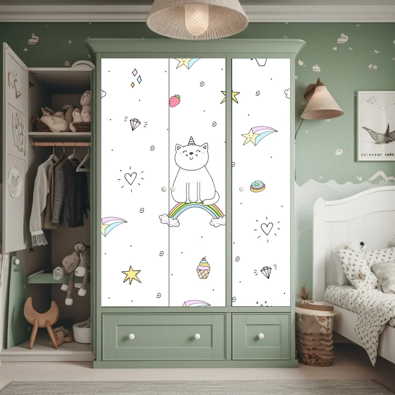 Schrankaufkleber pastell-einhornkatze auf dem regenbogen Schrankaufkleber pastell-einhornkatze auf dem regenbogen