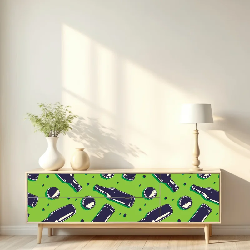 Repositionierbarer Aufkleber grünes pop-art-muster mit bierflaschen und kronkorken Repositionierbarer Aufkleber grünes pop-art-muster mit bierflaschen und kronkorken