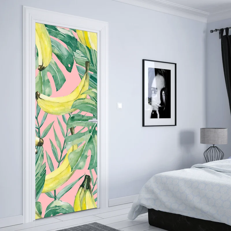 Türaufkleber aquarell-bananen und blättermuster auf rosa hintergrund Türaufkleber aquarell-bananen und blättermuster auf rosa hintergrund