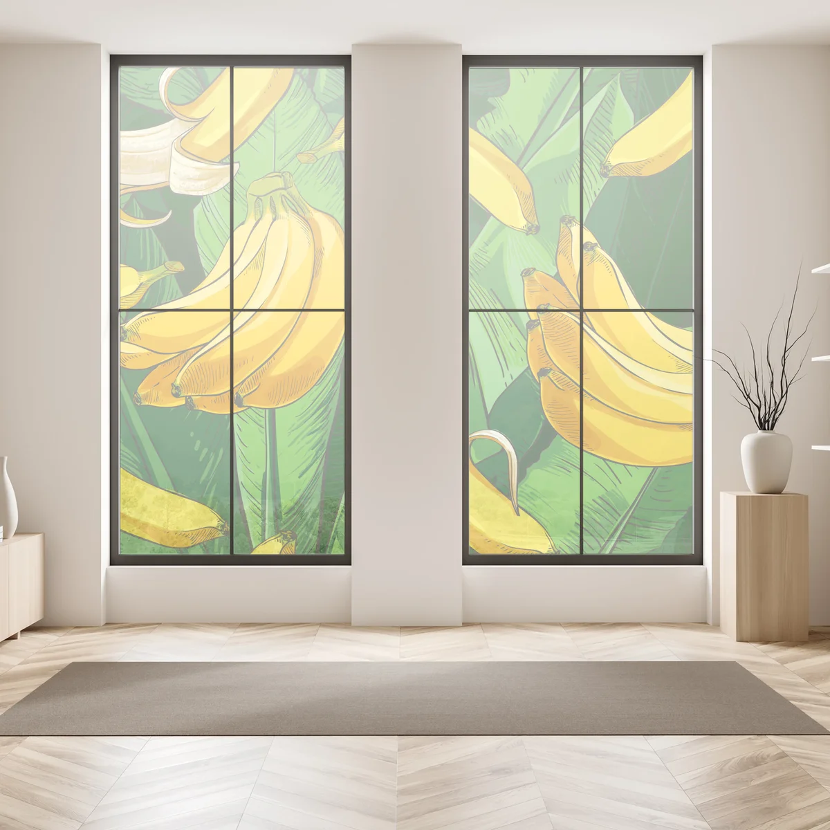 Fensteraufkleber tropisches bananenmuster mit bananenblättern Fensteraufkleber tropisches bananenmuster mit bananenblättern