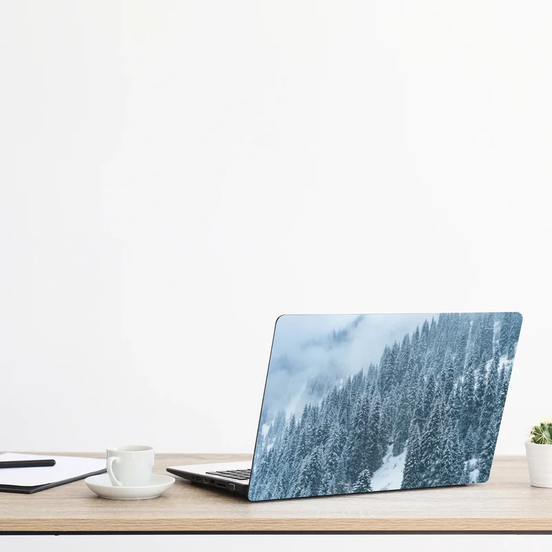 Laptop-Aufkleber nebeliger schneebedeckter kiefernwald