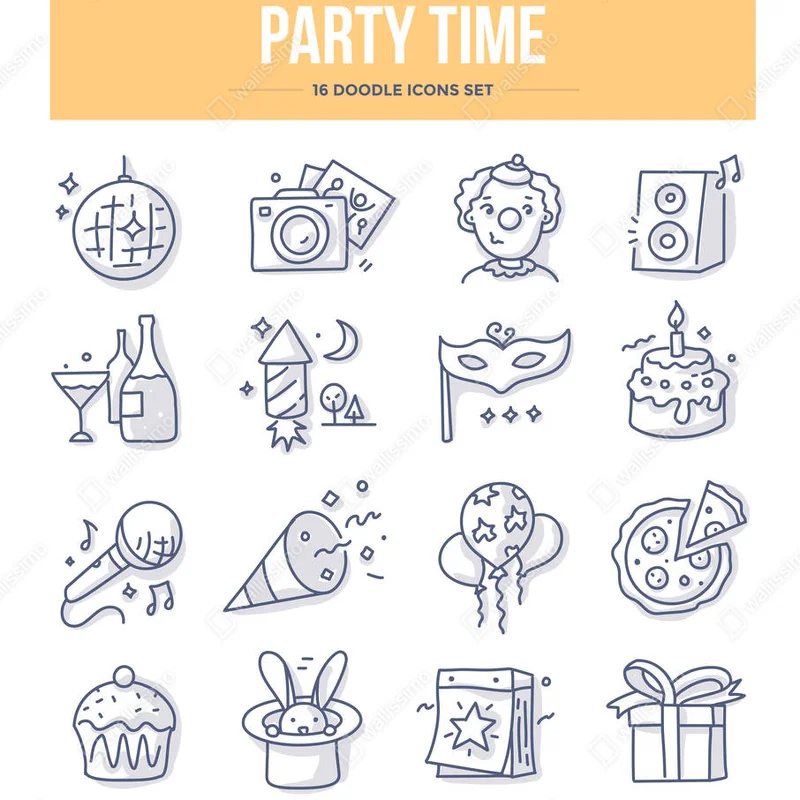 Leinwandbild Party und Urlaub verwandte Doodle-Ikonen. Vektor-Illustrationen der Feier für Website und Druckmaterialien • Leinwandbilder bei Wallnifity® Leinwandbild Party und Urlaub verwandte Doodle-Ikonen. Vektor-Illustrationen der Feier für Website und Druckmaterialien • Leinwandbilder bei Wallnifity®