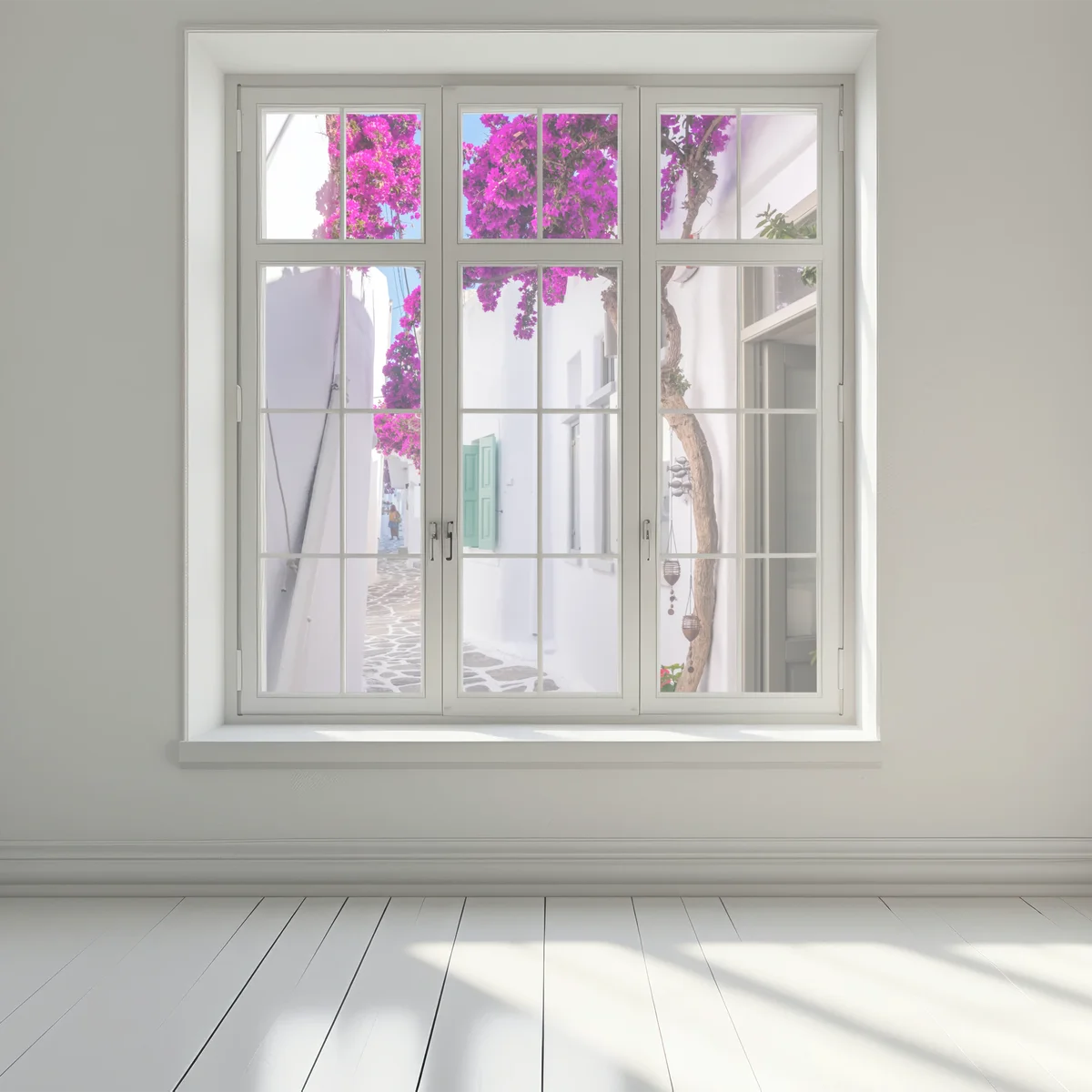 Fensteraufkleber sonnige mediterrane gasse mit bougainvillea Fensteraufkleber sonnige mediterrane gasse mit bougainvillea