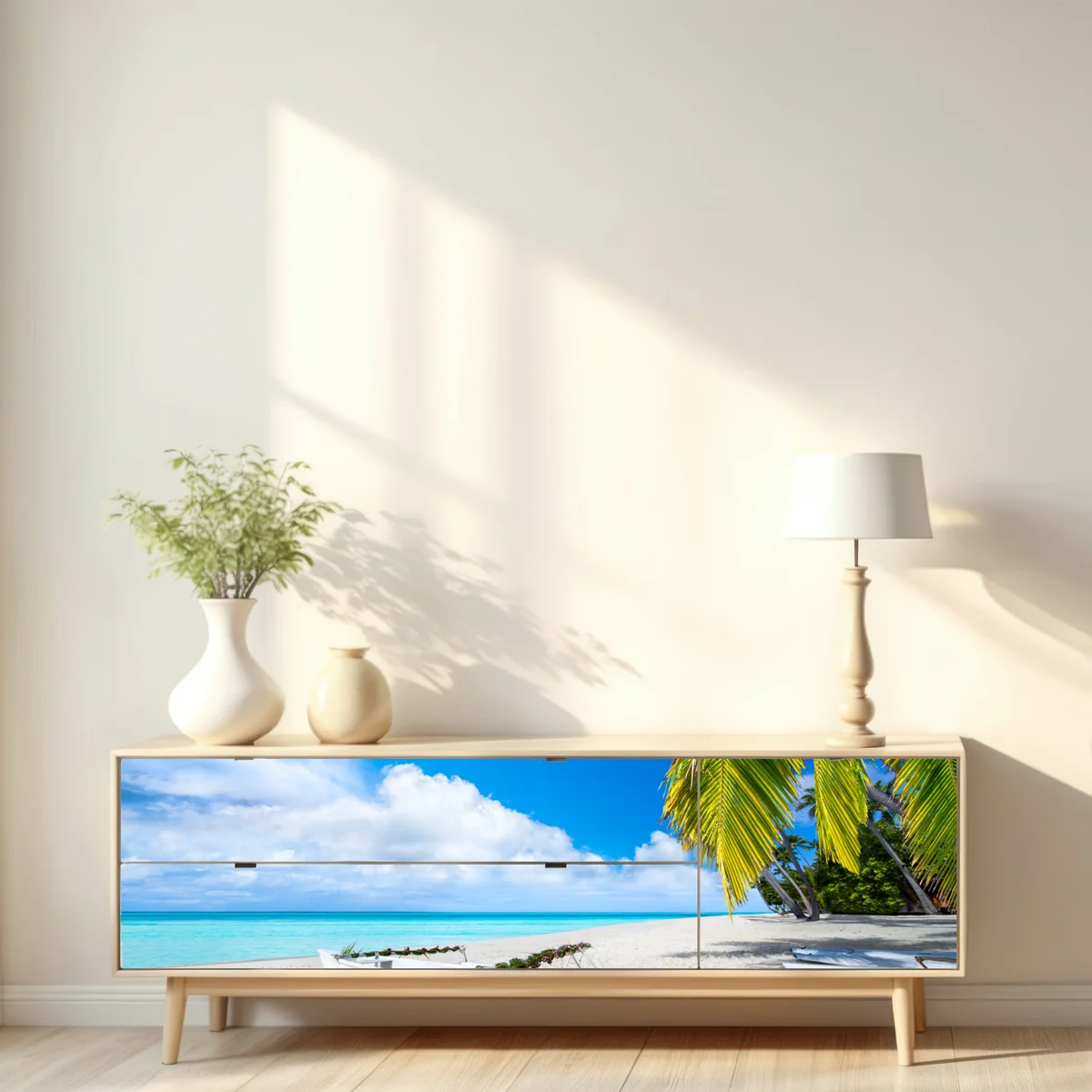 Repositionierbarer Aufkleber tropischer strand in türkis mit palmen und booten Repositionierbarer Aufkleber tropischer strand in türkis mit palmen und booten