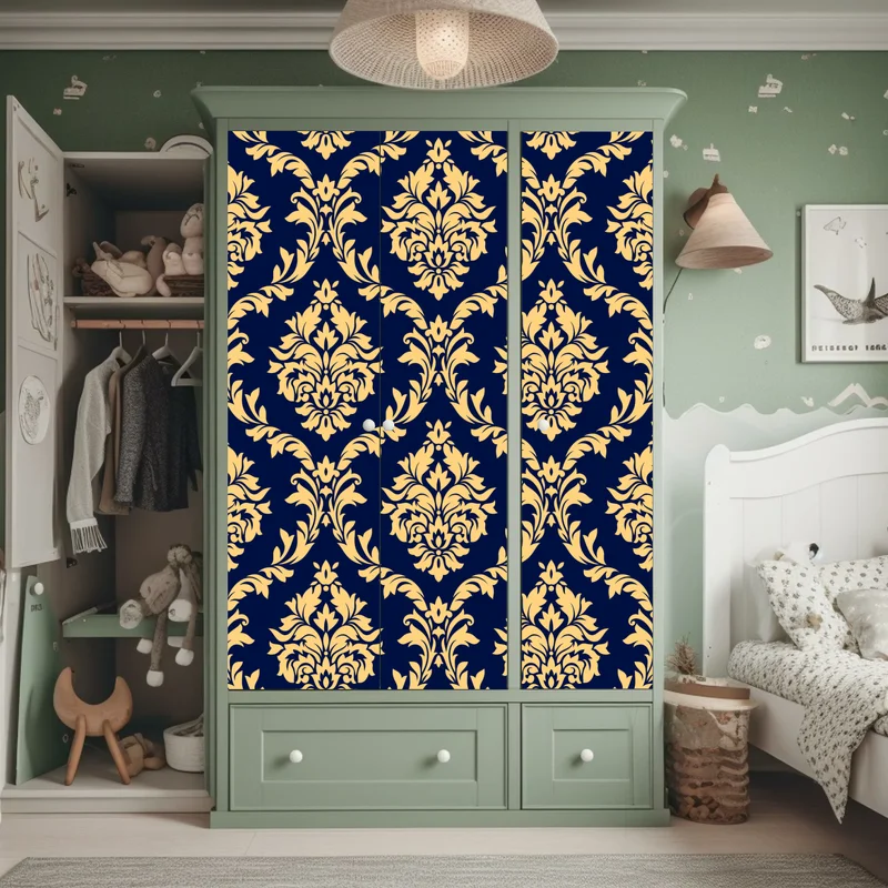 Schrankaufkleber elegantes goldenes damastmuster auf tiefblauem hintergrund