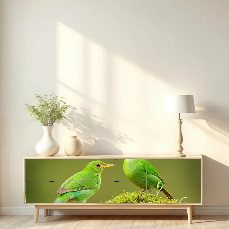 Repositionierbarer Aufkleber lebendige grüne honigfresser auf moos Repositionierbarer Aufkleber lebendige grüne honigfresser auf moos