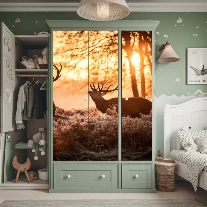 Schrankaufkleber goldener sonnenaufgang mit hirschen auf frostiger wiese