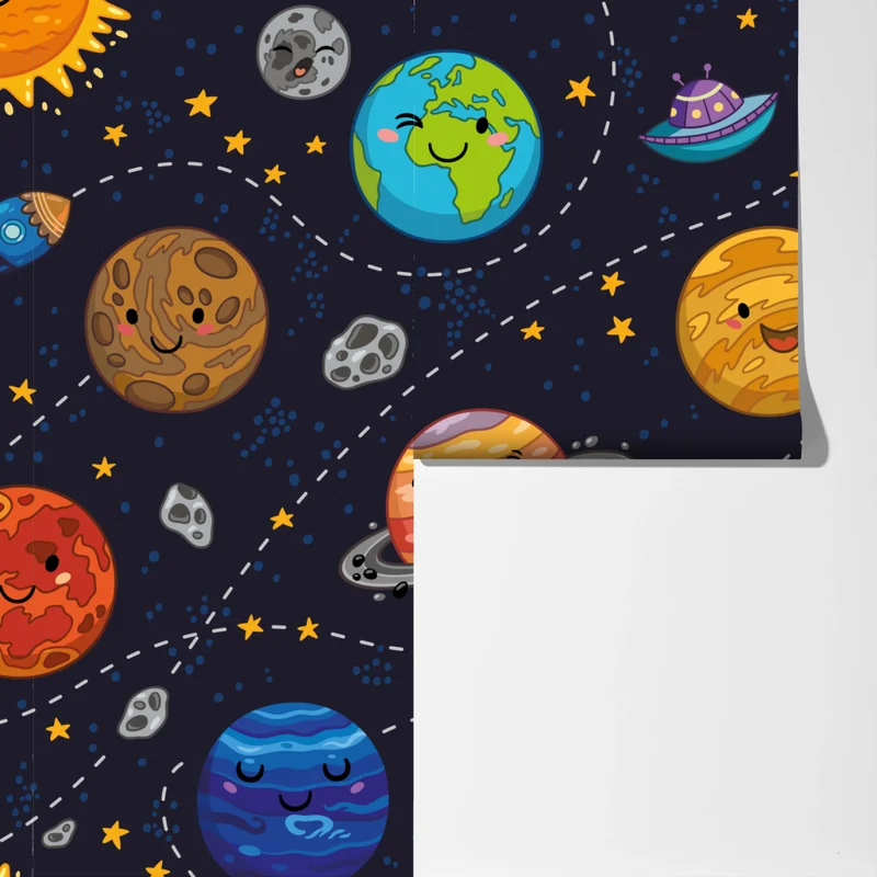 Fototapeta uśmiechnięte planety na zabawnym tle kosmicznym Fototapeta uśmiechnięte planety na zabawnym tle kosmicznym