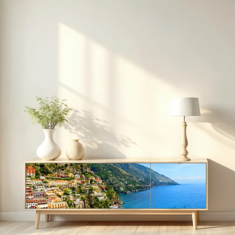 Repositionierbarer Aufkleber bunte panoramaaufnahme eines küstenortes am hang Repositionierbarer Aufkleber bunte panoramaaufnahme eines küstenortes am hang