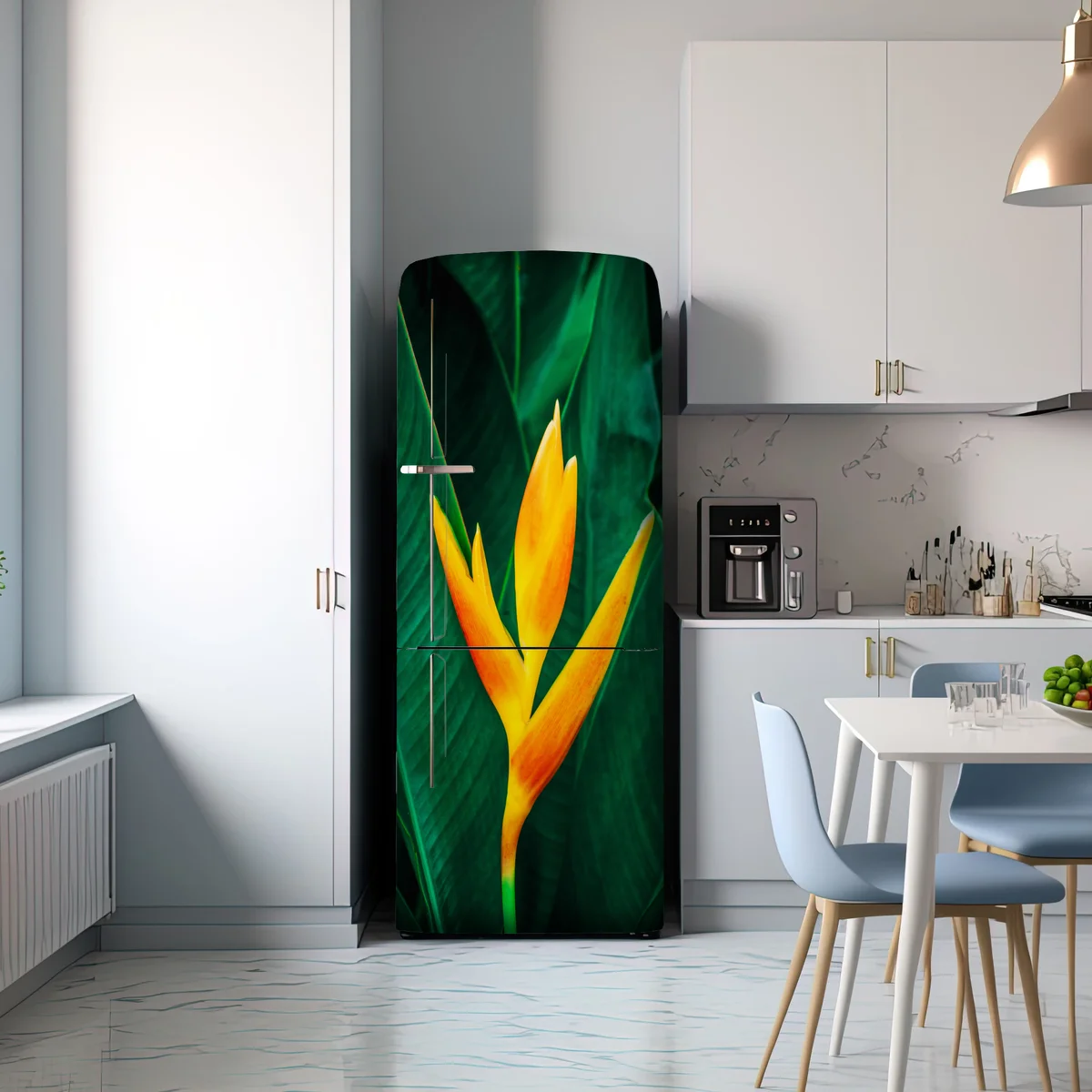 Kühlschrankaufkleber leuchtende tropische heliconia vor satten grünen blättern Kühlschrankaufkleber leuchtende tropische heliconia vor satten grünen blättern