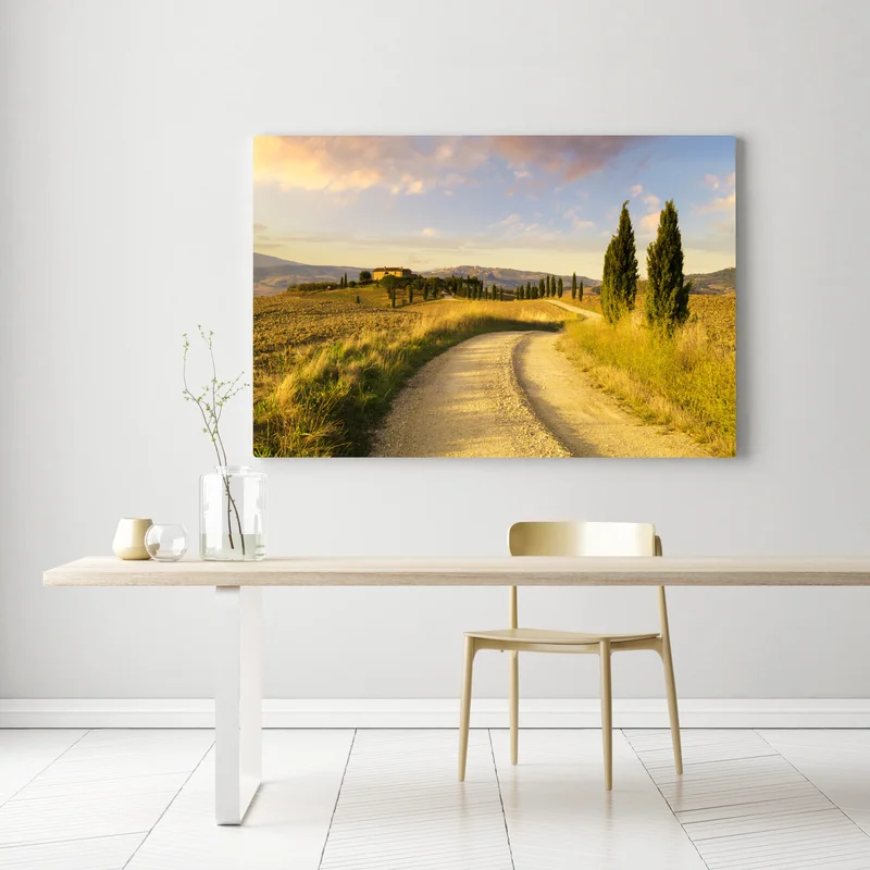 Leinwandbild goldene landstraße zwischen zypressen Leinwandbild goldene landstraße zwischen zypressen