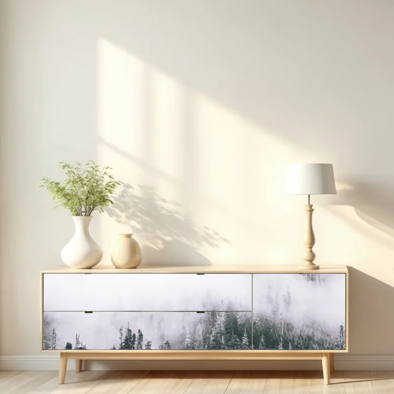 Repositionierbarer Aufkleber nebliger immergrüner wald