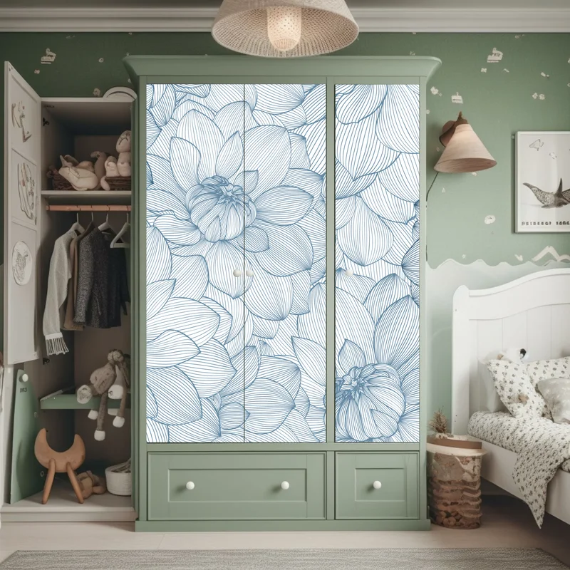 Schrankaufkleber zartes blaues blumenlinienmuster