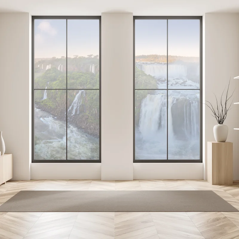 Fensteraufkleber neblige panorama der wasserfälle im üppigen wald