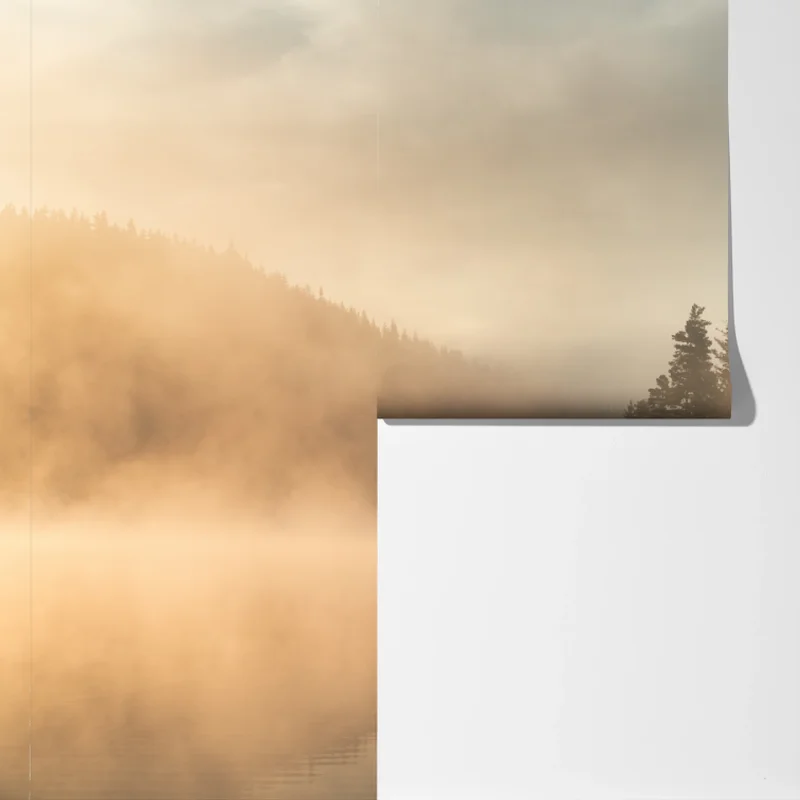 Fototapete nebliger sonnenaufgang über waldsee Fototapete nebliger sonnenaufgang über waldsee