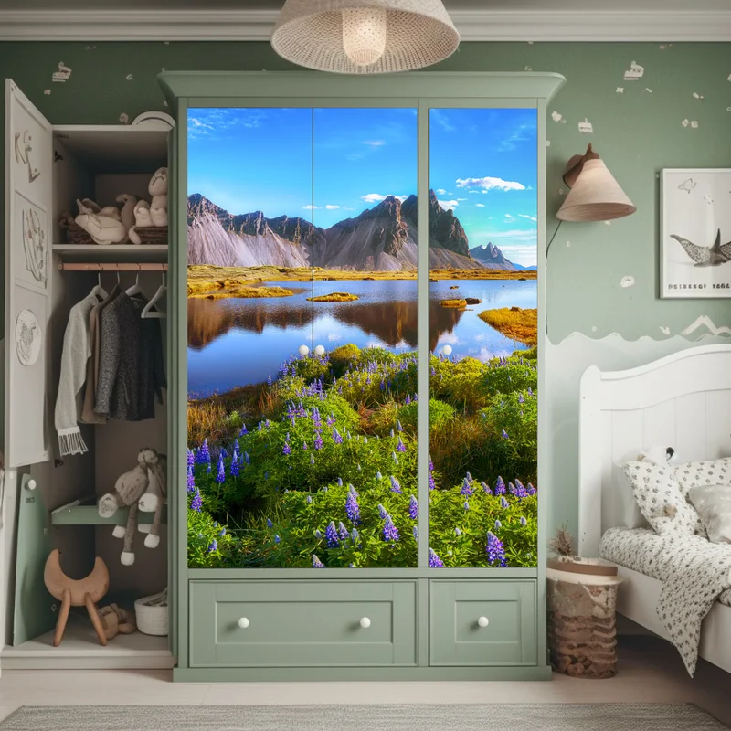 Schrankaufkleber lebendige lupinenwiesen bei Vestrahorn, Island