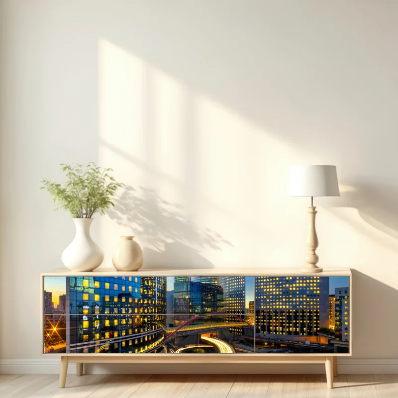 Repositionierbarer Aufkleber moderne stadtsilhouette bei dämmerung