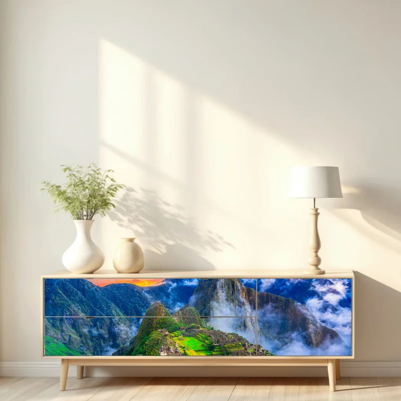 Repositionierbarer Aufkleber sonnenuntergang über Machu Picchu antike Inka-zitadelle