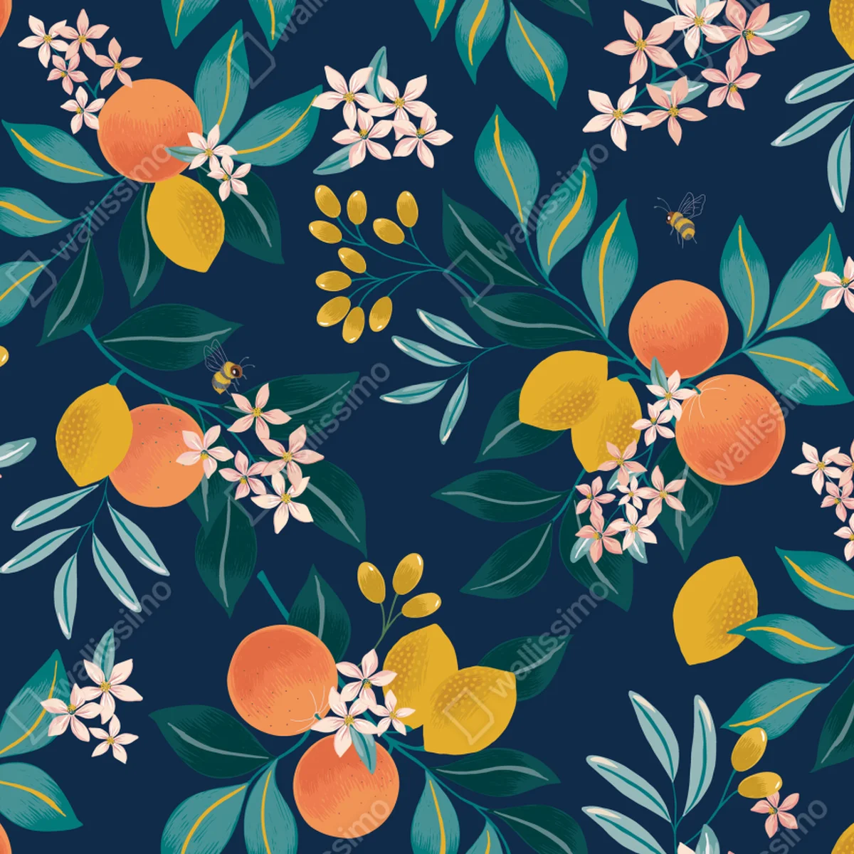 Fensteraufkleber botanisches zitronen- und orangenmuster auf marineblauem hintergrund Fensteraufkleber botanisches zitronen- und orangenmuster auf marineblauem hintergrund