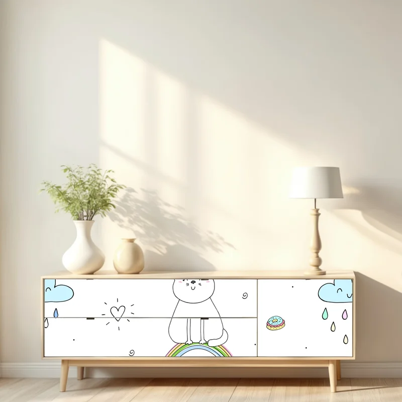 Repositionierbarer Aufkleber pastell-einhornkatze auf dem regenbogen