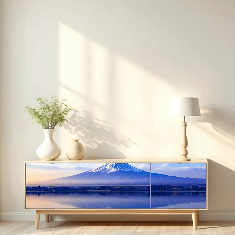 Repositionierbarer Aufkleber Mount Fuji morgendliche reflexion über ruhigem see Repositionierbarer Aufkleber Mount Fuji morgendliche reflexion über ruhigem see