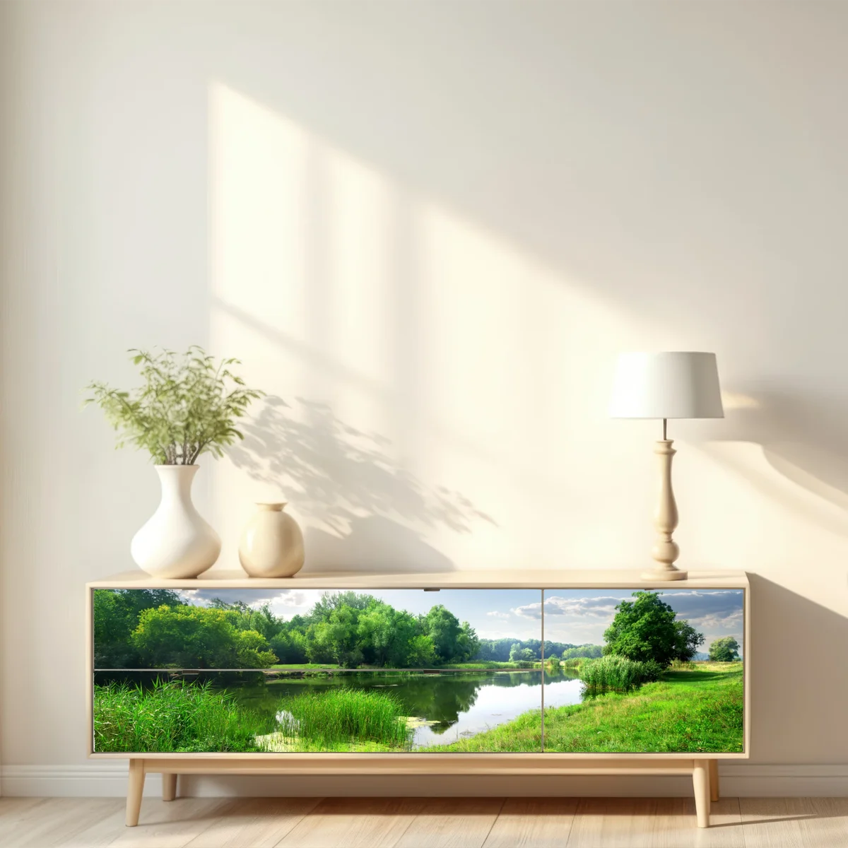 Repositionierbarer Aufkleber sonnige wiese am fluss Repositionierbarer Aufkleber sonnige wiese am fluss