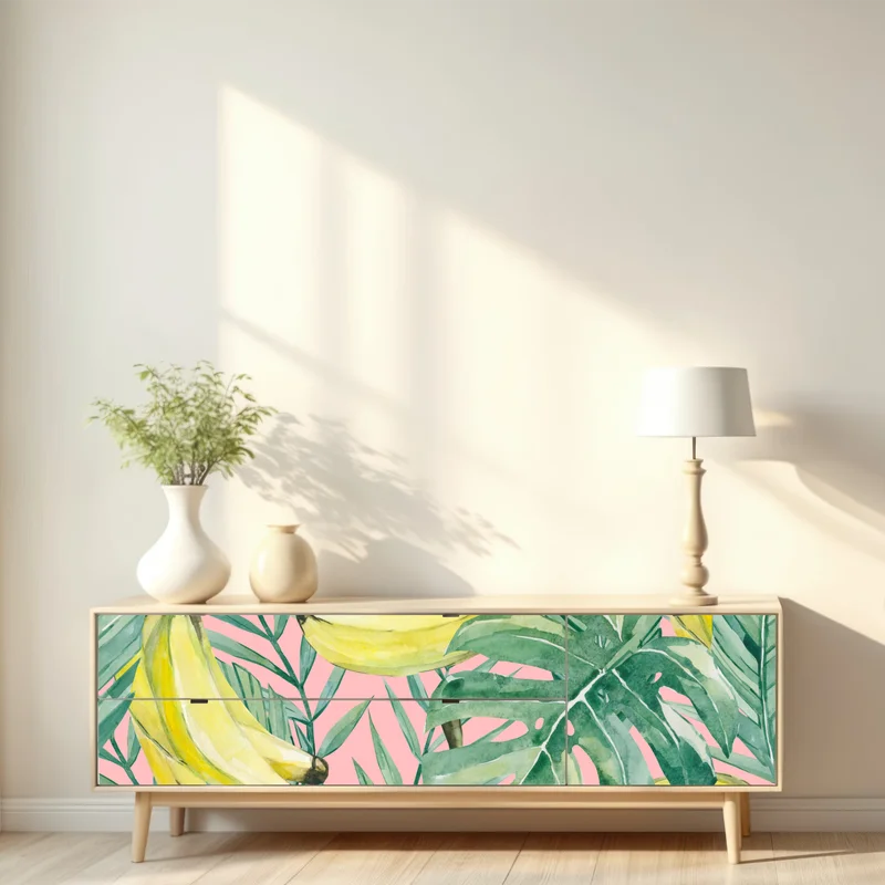 Repositionierbarer Aufkleber aquarell-bananen und blättermuster auf rosa hintergrund