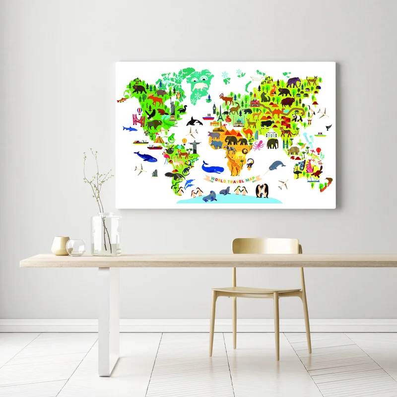 Leinwandbild bunte weltkarte mit tieren Leinwandbild bunte weltkarte mit tieren