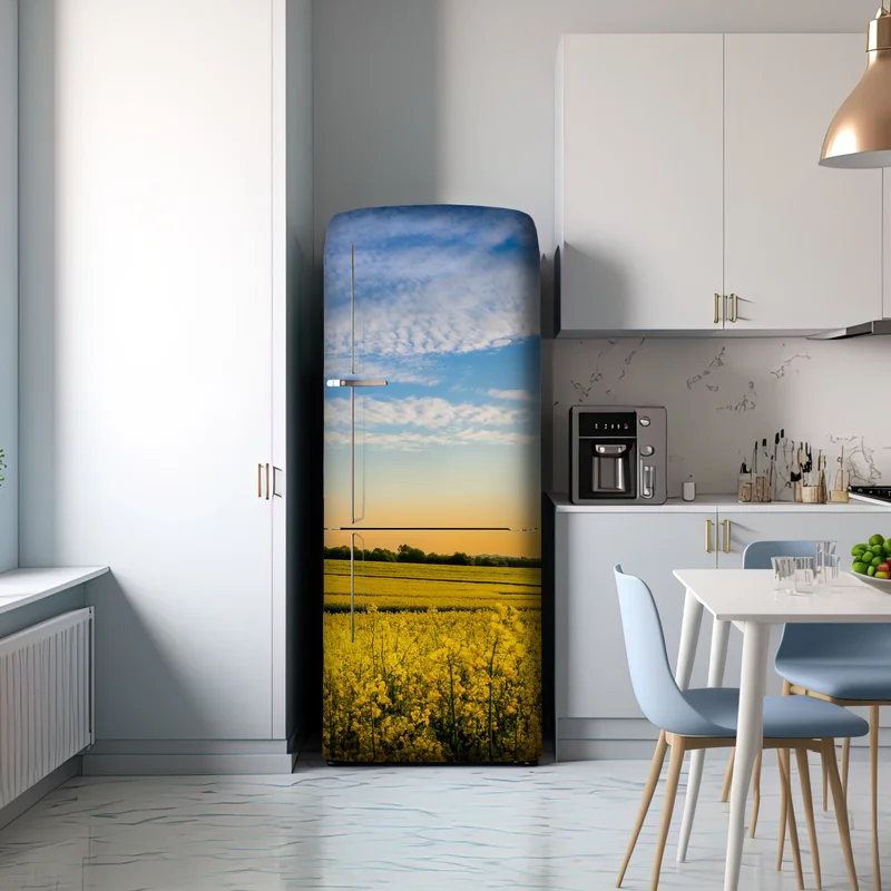 Kühlschrankaufkleber sonnenbeschienenes rapsfeld im abendlicht