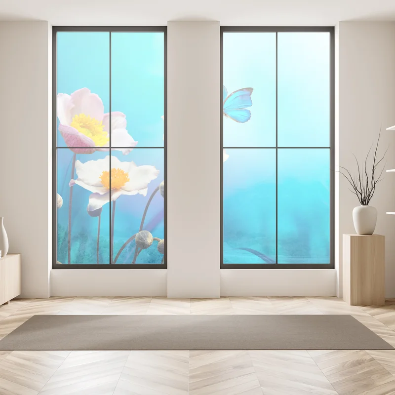 Fensteraufkleber zarte rosa anemonen und blauer schmetterling