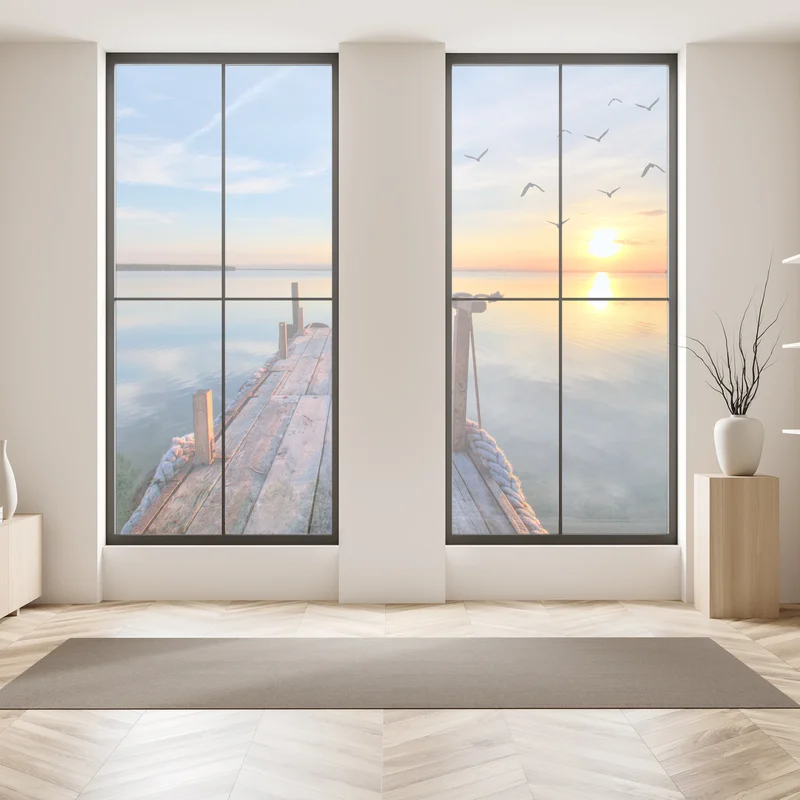 Fensteraufkleber sonnenuntergang am hölzernen steg