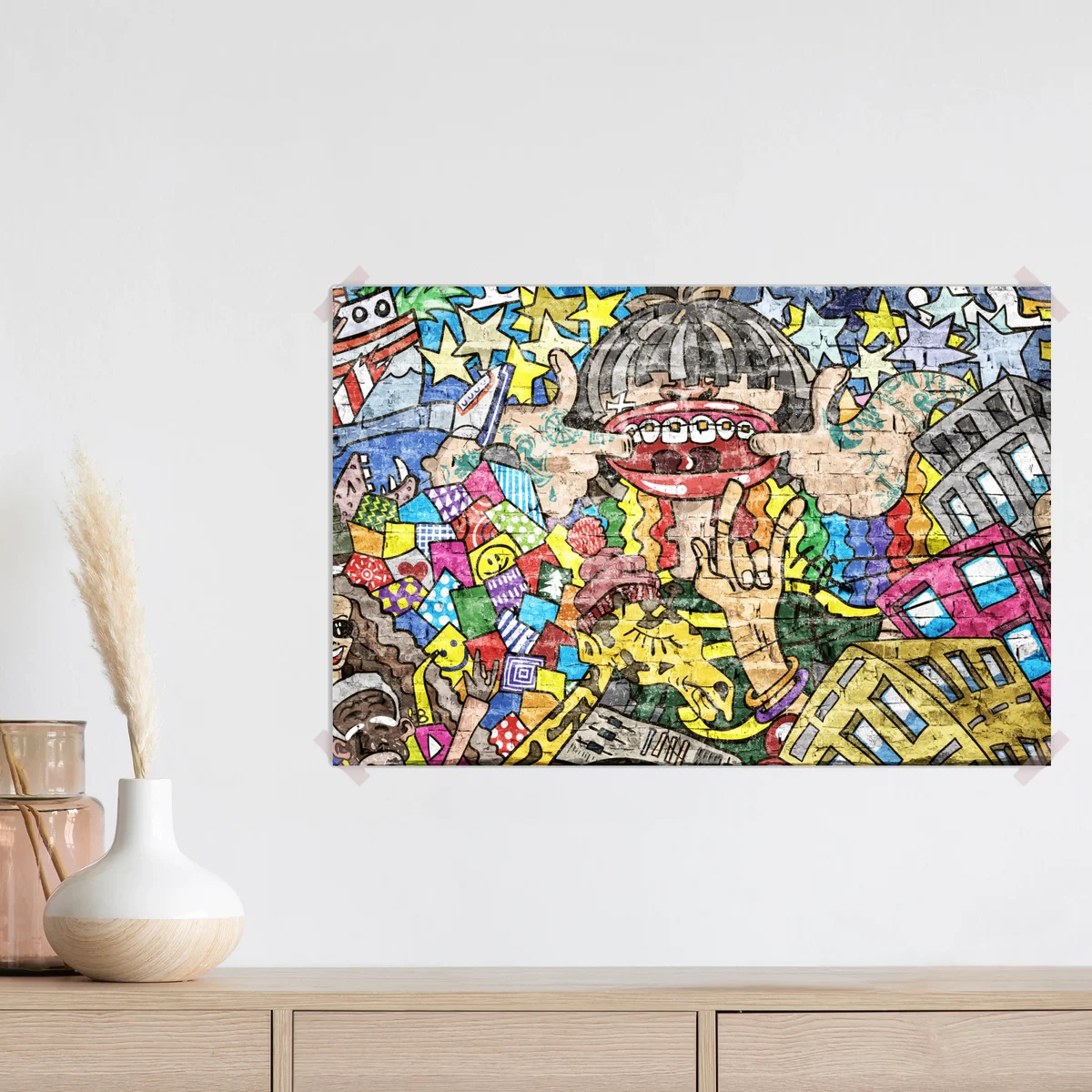 Poster buntes graffiti-mural mit verspielter figur Poster buntes graffiti-mural mit verspielter figur