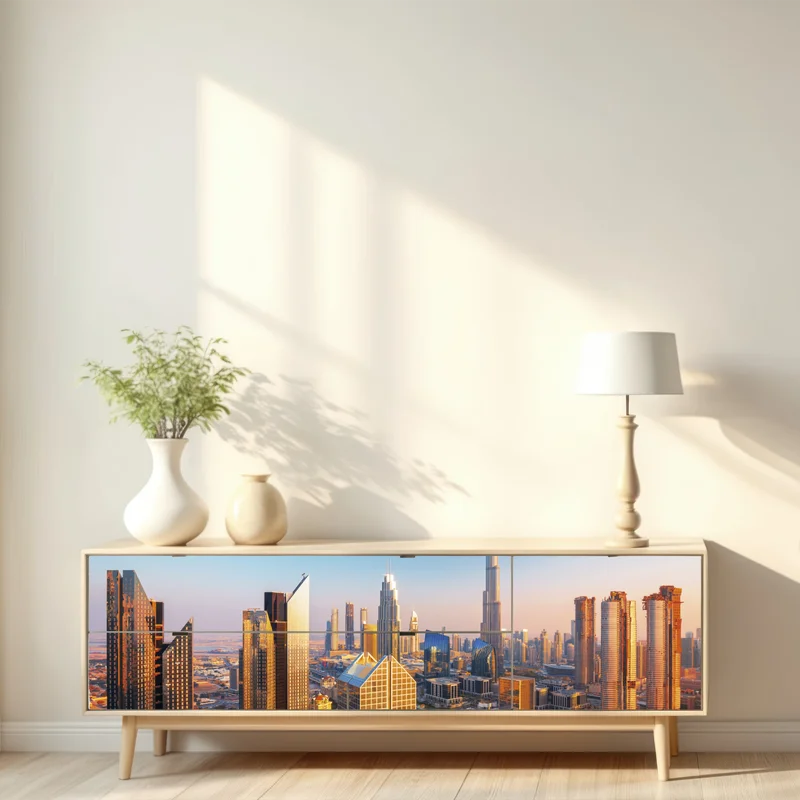 Repositionierbarer Aufkleber Dubai skyline mit Burj Khalifa bei sonnenuntergang Repositionierbarer Aufkleber Dubai skyline mit Burj Khalifa bei sonnenuntergang