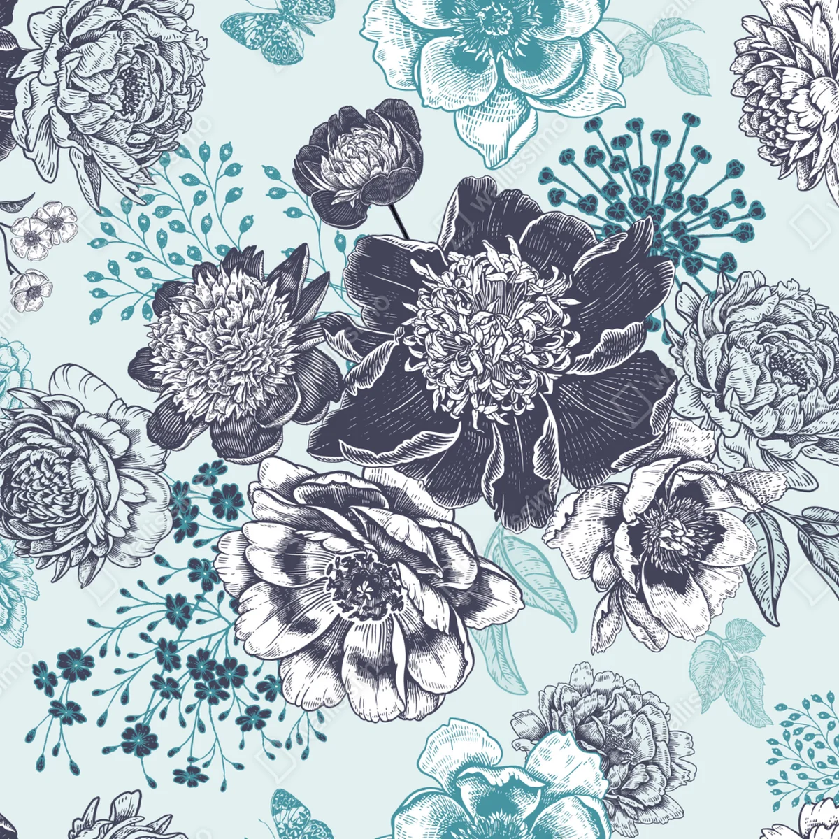 Fototapete blumiges peonienmuster in türkis und marineblau Fototapete blumiges peonienmuster in türkis und marineblau