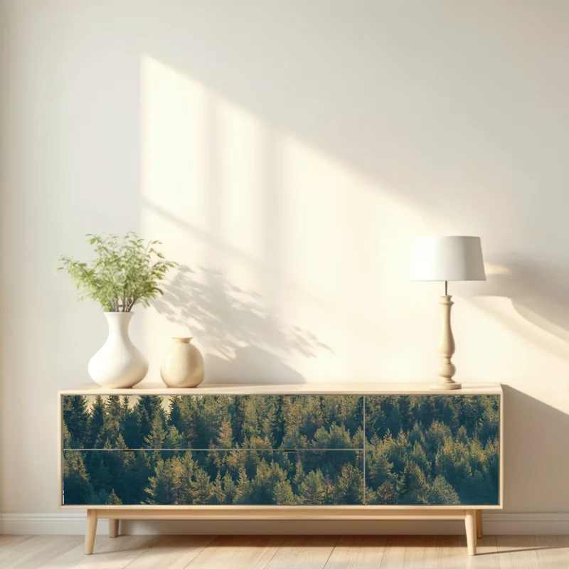 Repositionierbarer Aufkleber nebliger kiefernwald im morgenlicht