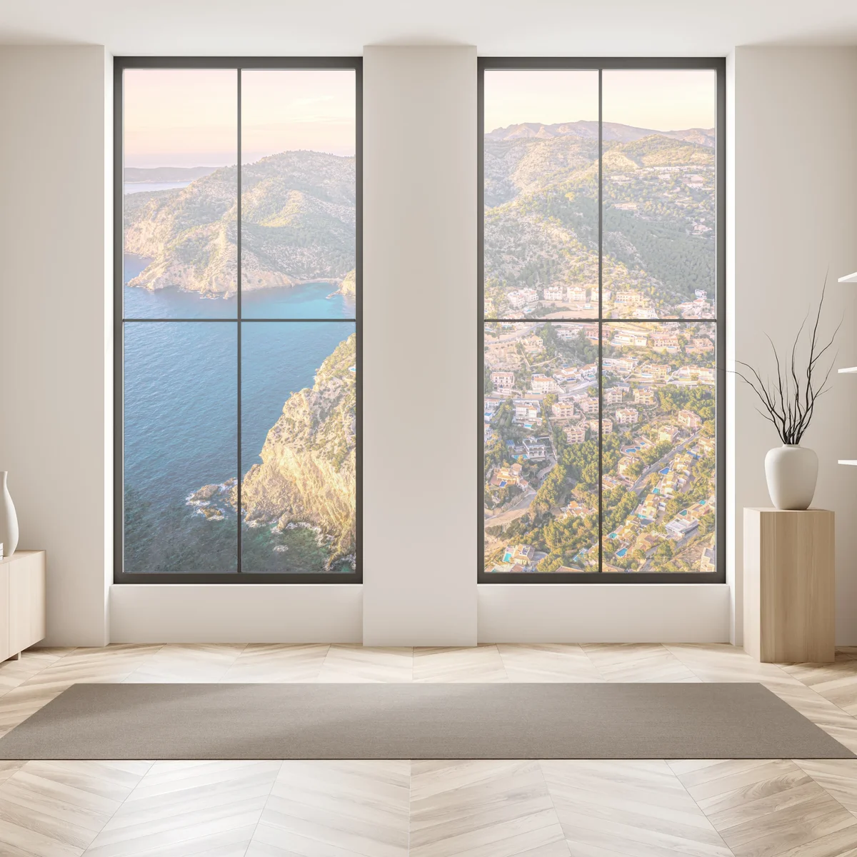 Fensteraufkleber sonnenuntergang über küstenlandschaft mit dorf am kliff Fensteraufkleber sonnenuntergang über küstenlandschaft mit dorf am kliff