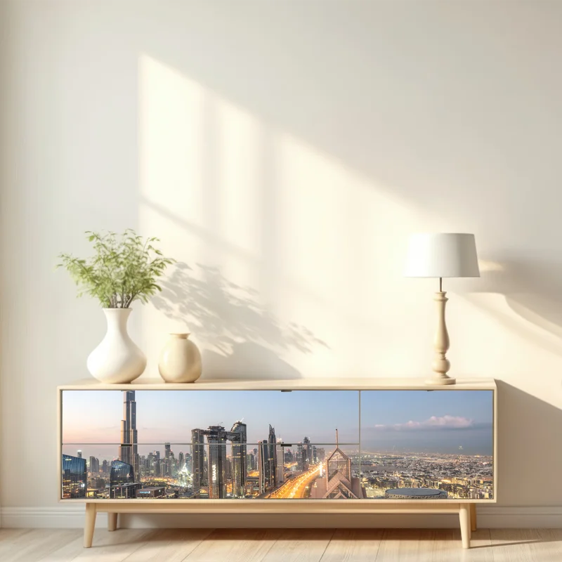 Repositionierbarer Aufkleber skyline von Dubai bei dämmerung