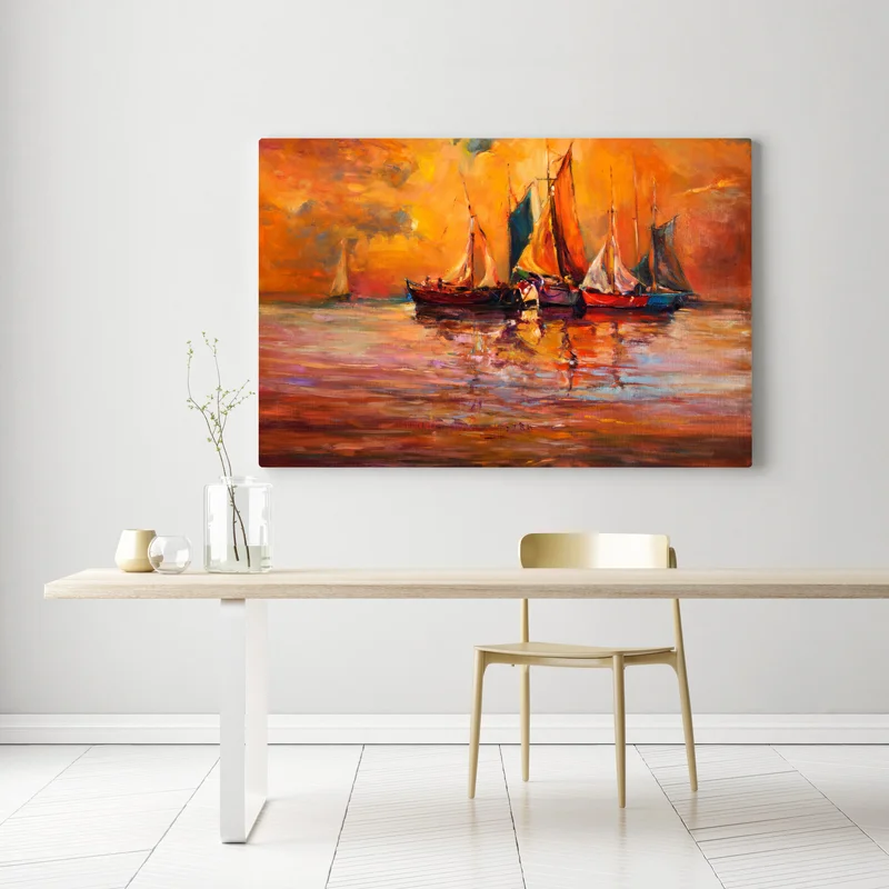 Leinwandbild goldener sonnenuntergang mit segelbooten Leinwandbild goldener sonnenuntergang mit segelbooten