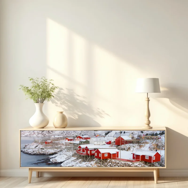 Repositionierbarer Aufkleber rote küstenhäuser vor schneebedecktem berg Repositionierbarer Aufkleber rote küstenhäuser vor schneebedecktem berg