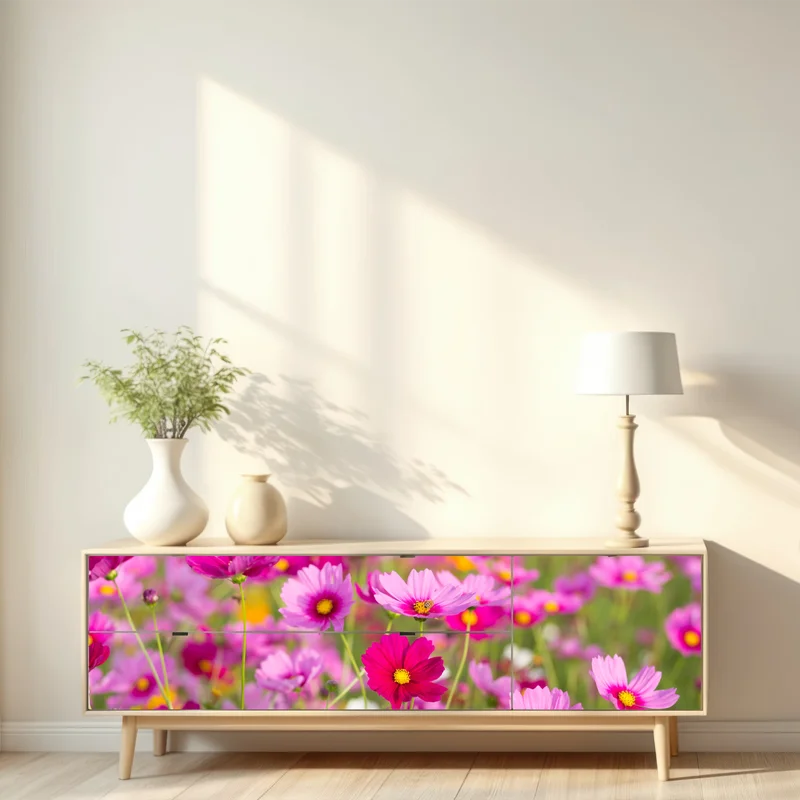 Repositionierbarer Aufkleber rosa kosmeenwiese in blüte