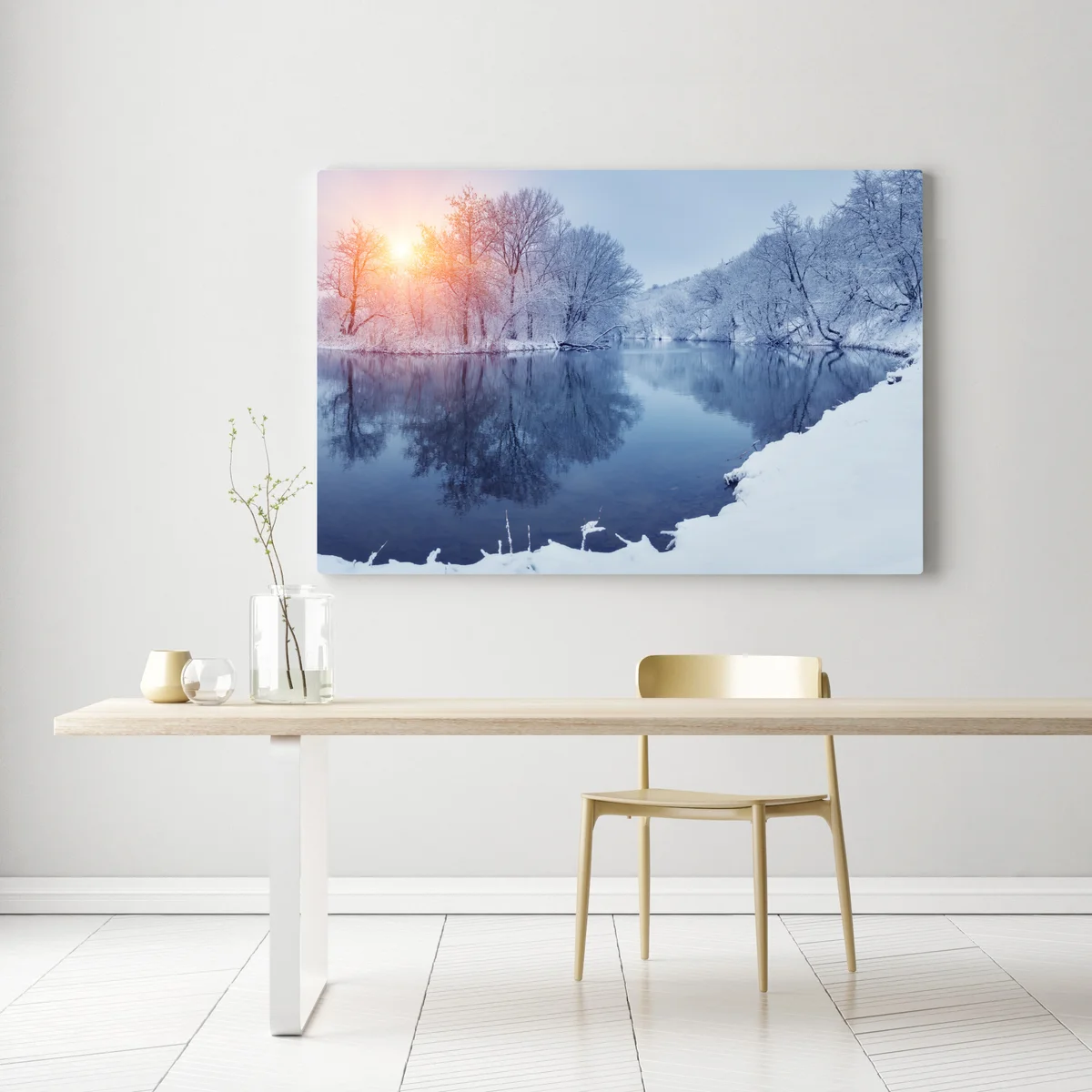 Leinwandbild winterliche flusslandschaft bei sonnenuntergang Leinwandbild winterliche flusslandschaft bei sonnenuntergang