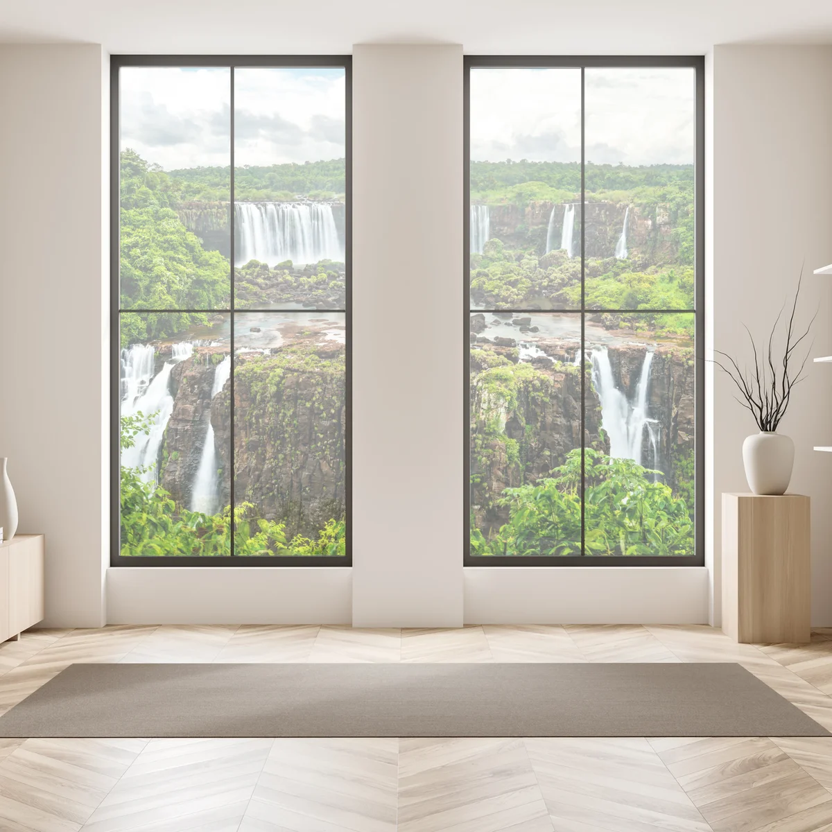 Fensteraufkleber panorama des üppigen grünen wasserfalls Fensteraufkleber panorama des üppigen grünen wasserfalls