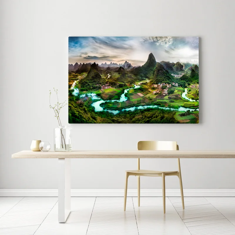 Leinwandbild smaragdfluss zwischen karsthügeln panorama Leinwandbild smaragdfluss zwischen karsthügeln panorama