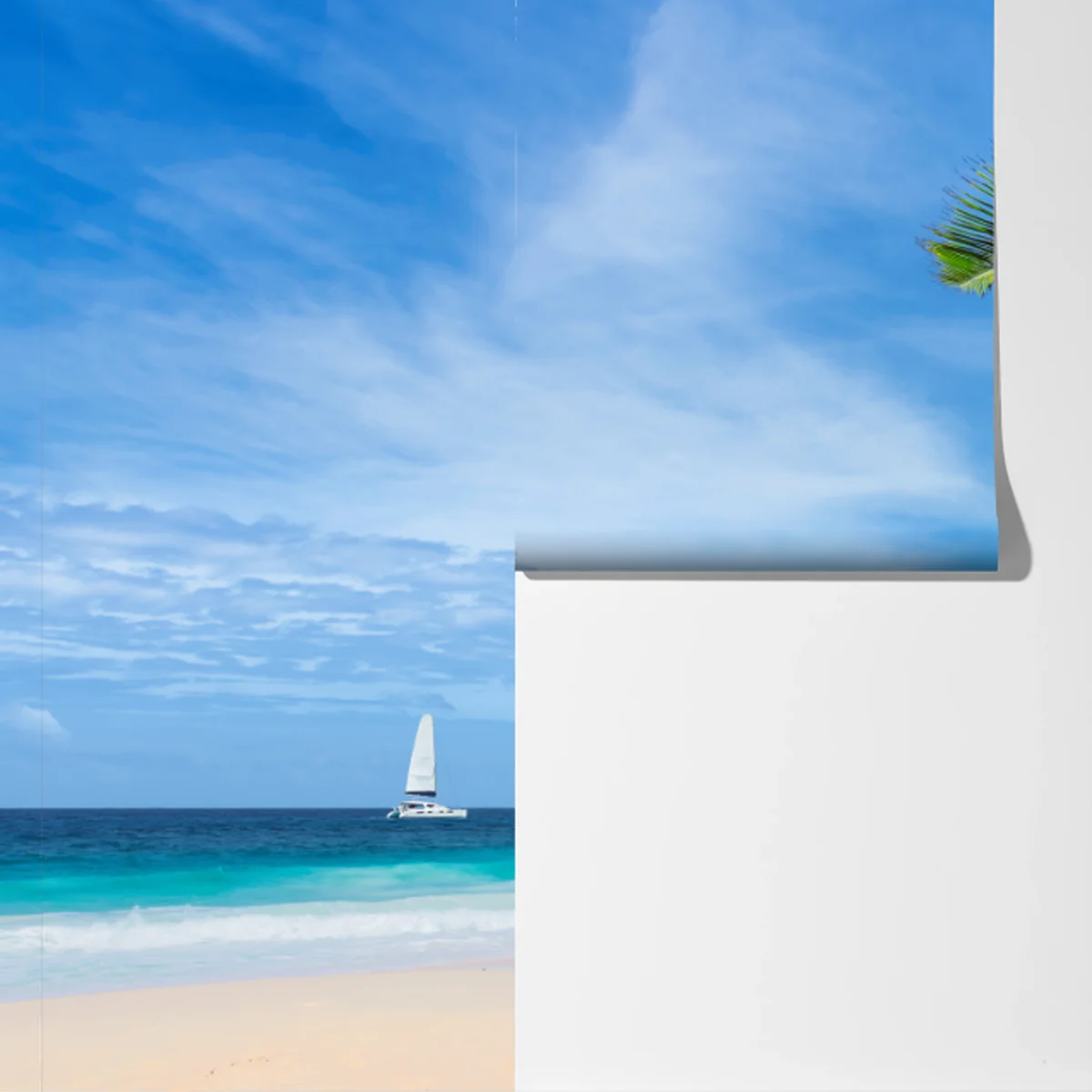 Fototapete tropischer strand mit palmen und segelboot Fototapete tropischer strand mit palmen und segelboot