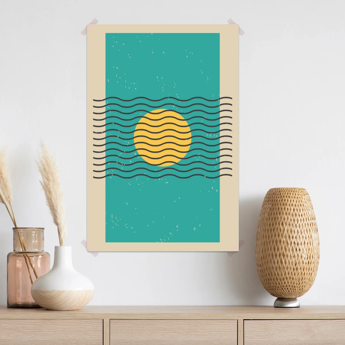 Poster türkise sonne mit wellenlinien • Poster bei Wallnifity® Poster türkise sonne mit wellenlinien • Poster bei Wallnifity®