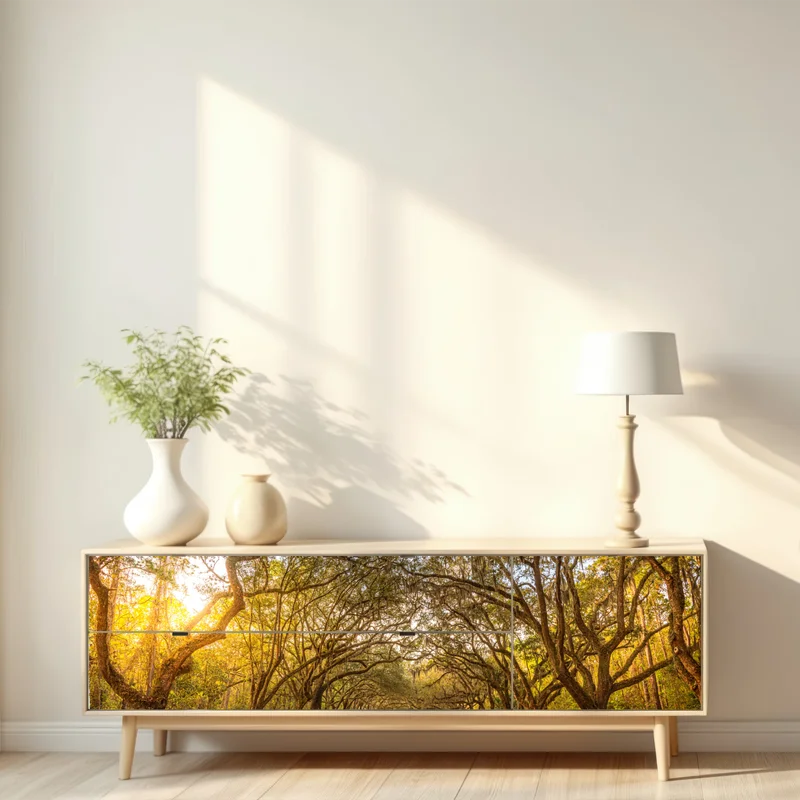 Repositionierbarer Aufkleber sonnenbeschienene eichenallee bei Savannah